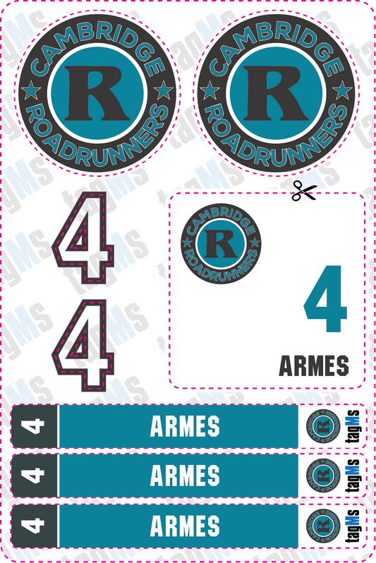 Collection of Cambridge Roadrunners hockey team stickers and decals in the tagMs Player ID Kit Everything you need to look like a pro!