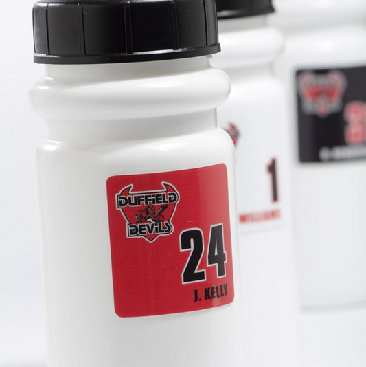 White water bottle with red label featuring 'Duffield Devils'. Personalized with player name and number 